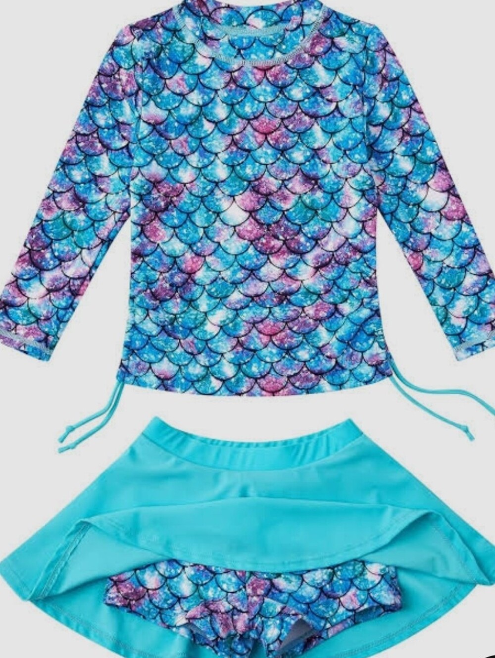 Girls Mermaid Scale Long-Sleeve Swim Top & Skort.